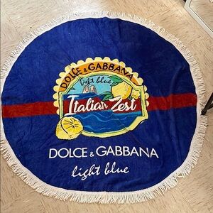 Dolce & Gabbana Blue Circular Luxury Cotton Beach Towel with Fringe